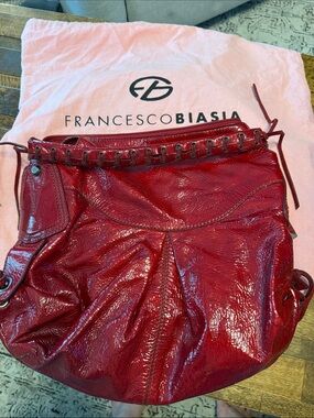 Francesco Biasia Candy Apple Red Patent Leather Hobo Shoulder Bag Purse Handbag